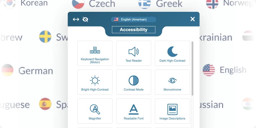 Accessibility panel over a background of language names